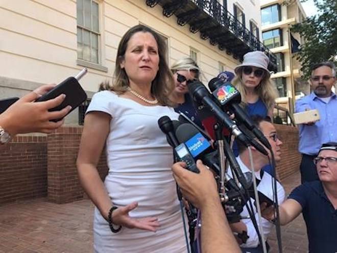 Canadian Foreign Minister Chrystia Freeland talk to reporters outside the United States Trade Representative building in Washington, Thursday Sept. 6, 2018. (AP Photo/Luis Alonso Lugo)