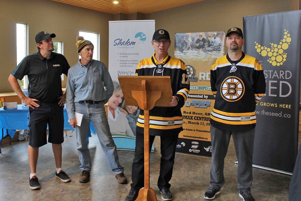Mike Thibeau, Benno Fath, Scott Tilbury and David Foster present the Boston Bruins Alumni fundraising game, which will take place March 17, 2019. Carlie Connolly/Red Deer Express