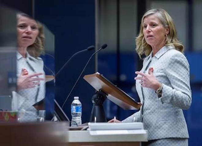 Calgary 2026 Bid Corporation CEO Mary Moran delivers technical elements of its plan for the 2026 Olympic and Paralympic Winter Games to Calgary City Council, in Calgary, Alta., Tuesday, Sept. 11, 2018.THE CANADIAN PRESS/Jeff McIntosh