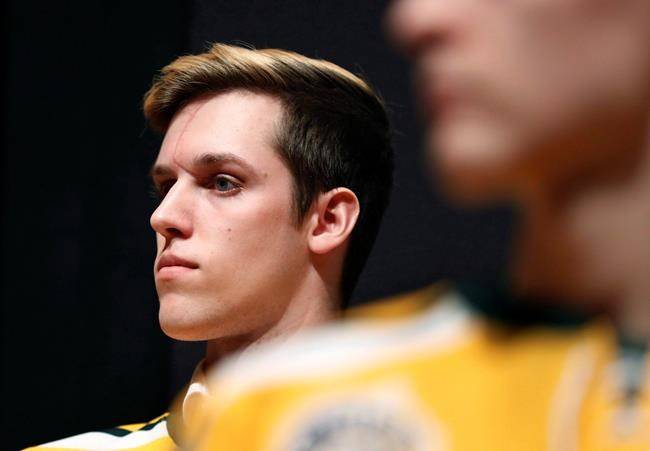 Xavier Labelle of the Humboldt Broncos hockey team attends a news conference in Las Vegas on June 19, 2018. THE CANADIAN PRESS/AP, John Locher