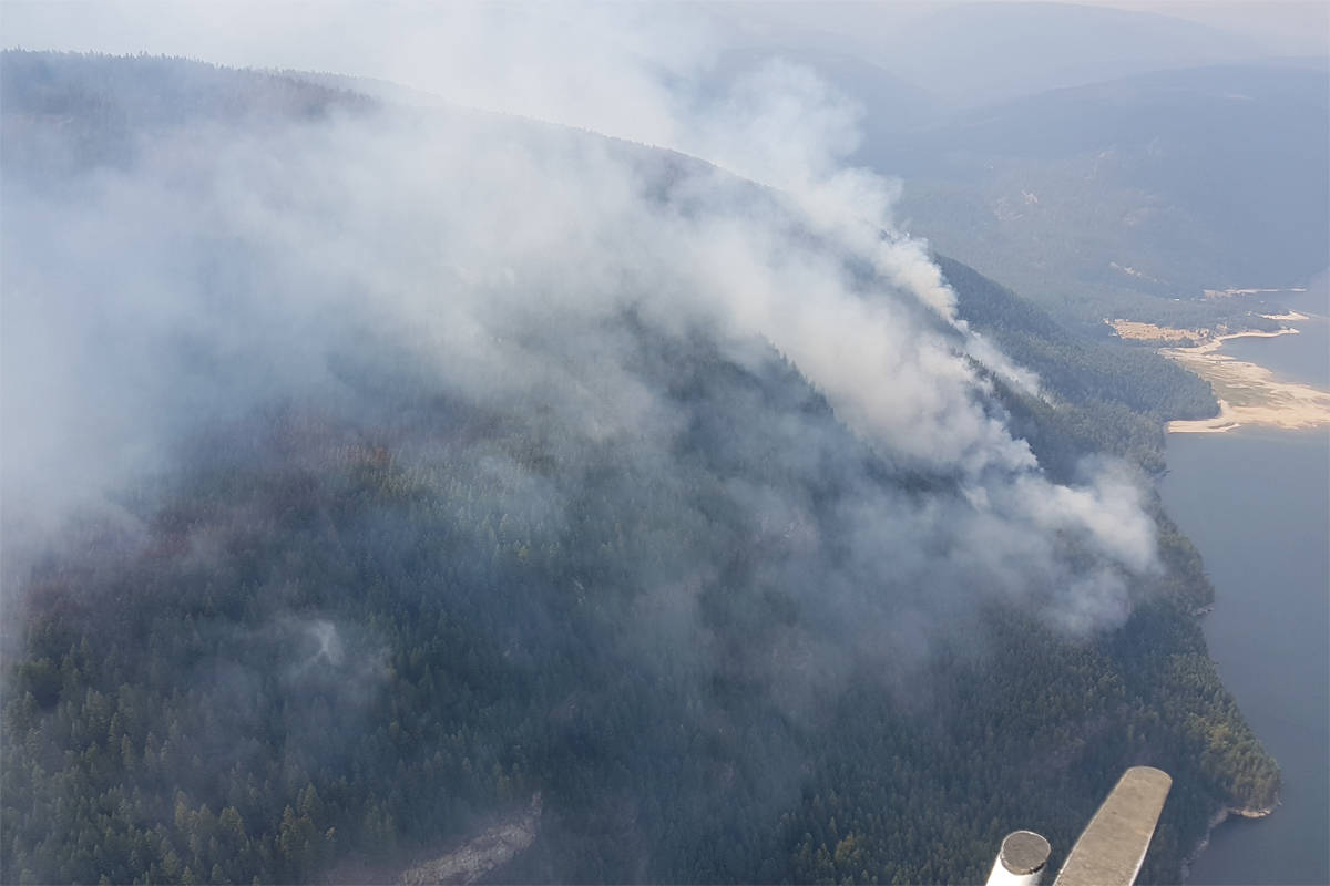 The Bulldog Mountain wildfire has prompted evacuation orders and alerts in the area north and west of Castlegar. (BC Wildfire photo)