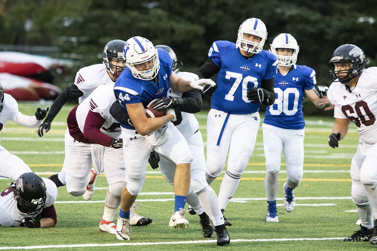 The Hunting Hills Lightning were wrapped up by the defence of the Foothills Falcons in their game on Sept. 14th. Todd Colin Vaughan/Red Deer Express