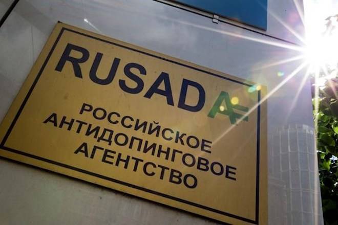 FILE -The May 24, 2016 file photo shows a RUSADA sign reading “Russian National Anti-doping Agency” on a building in Moscow, Russia. (AP Photo/Alexander Zemlianichenko, FILE)