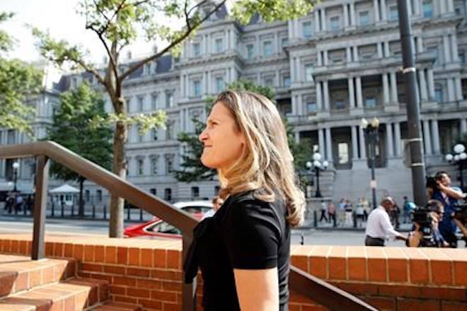 Canadian Foreign Affairs Minister Chrystia Freeland arrives at the Office of the United States Trade Representative, Wednesday, Sept. 19, 2018, in Washington. (AP Photo/Alex Brandon)