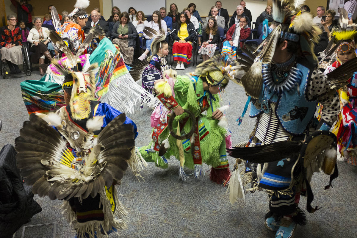 Photo by Jeffrey Heyden-Kaye/Black Press News Services                                First Nations children and Treaty 6 were the focus Thursday afternoon during Wolf Creek Public School’s Treaty 6 flag ceremony at the district office in Ponoka. The ceremony included dancing and the flag being raised, along with an acknowledgment of reconciliation.