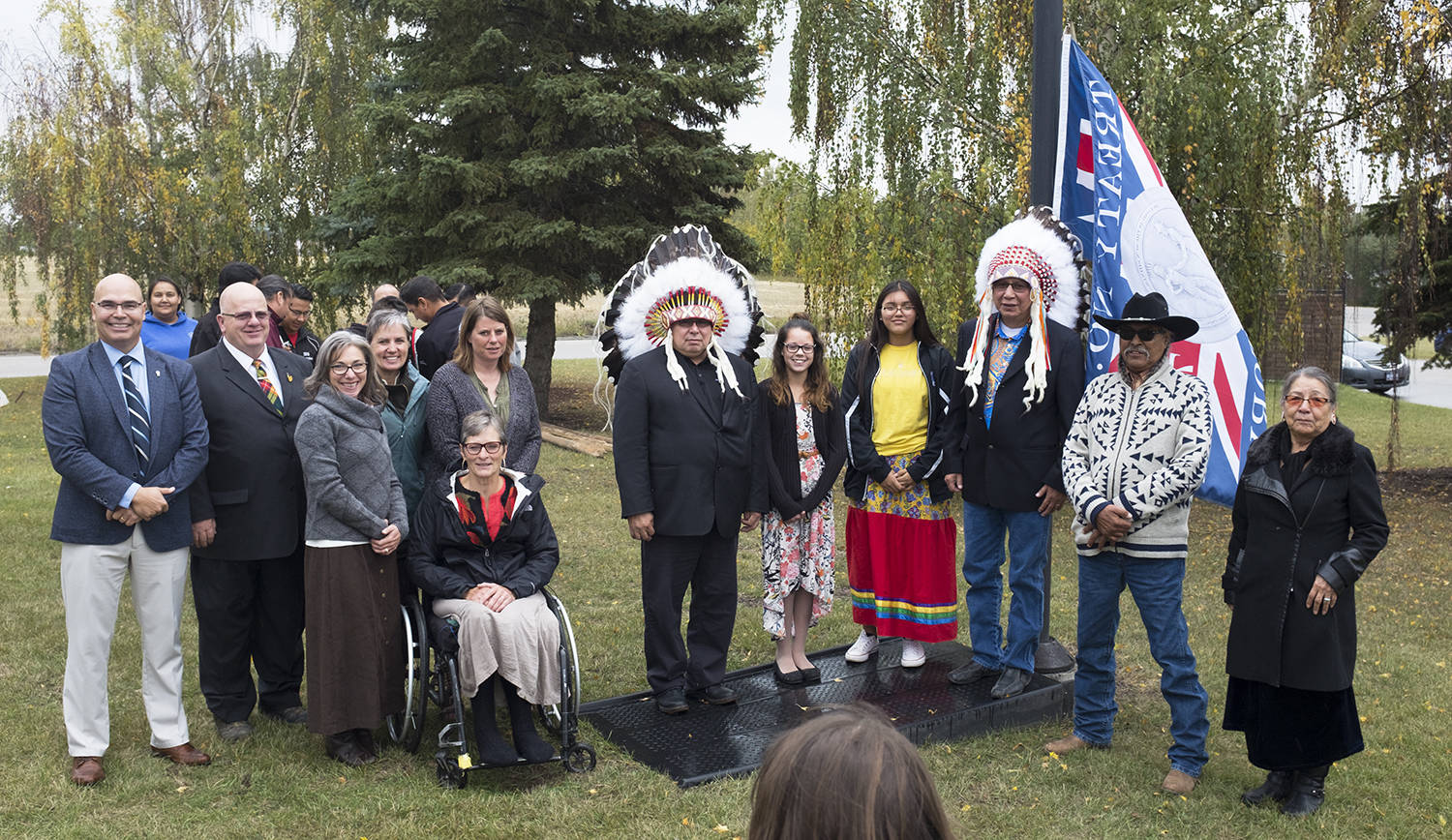 WCPS dignitaries along with Maskwacis chiefs, Montana First Nation Chief Leonard Standing On The Road and Louis Bull Tribe Chief Irvin Bull, were part of the Treaty 6 flag raising ceremony.