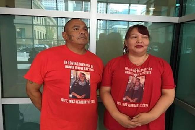 Alex Baptiste, left, speaks to reporters alongside his cousin Verlyn Baptiste after he testified about the last time he saw his sister, Dawns Baptiste alive, at the Calgary courthouse on Monday, September 10, 2018. A murder trial has begun for a man accused of raping a woman and then hitting her in the head with a rock in 2015. Curtis Healy has pleaded not guilty to first-degree murder in the death of Dawns Baptiste. THE CANADIAN PRESS/Lauren Krugel