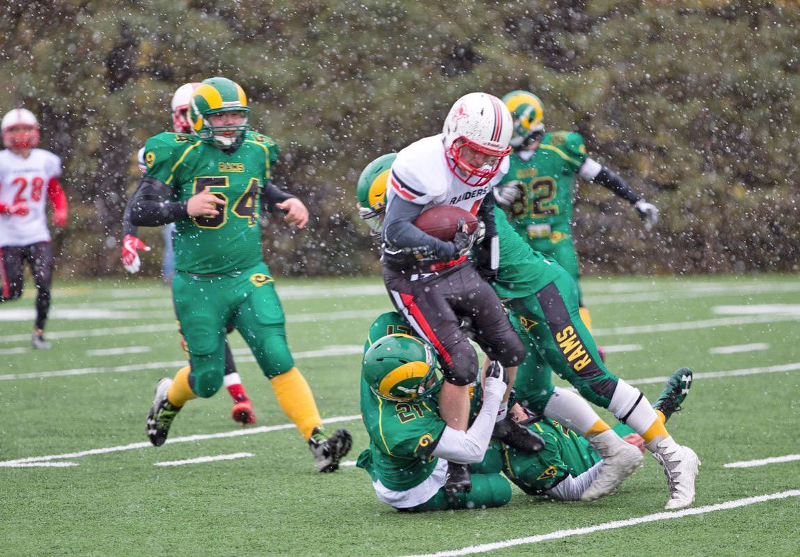 The Lindsay Thurber Raiders dominated the Lacombe Rams 44-8, in the season opener of the Central Alberta High School Football League at Great Chief Park Friday. Robin Grant/Red Deer Express