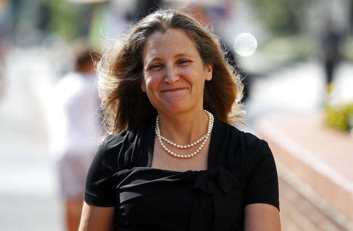 Canadian Foreign Affairs Minister Chrystia Freeland arrives at the Office of the United States Trade Representative, Wednesday, Sept. 19, 2018, in Washington. (AP Photo/Alex Brandon)