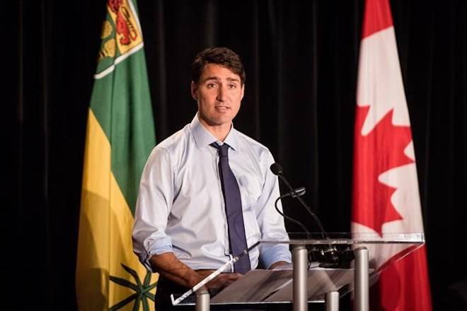 Prime Minister Justin Trudeau addresses the Liberal Party National Caucus meeting in Saskatoon on Wednesday, September 12, 2018. THE CANADIAN PRESS/Matt Smith