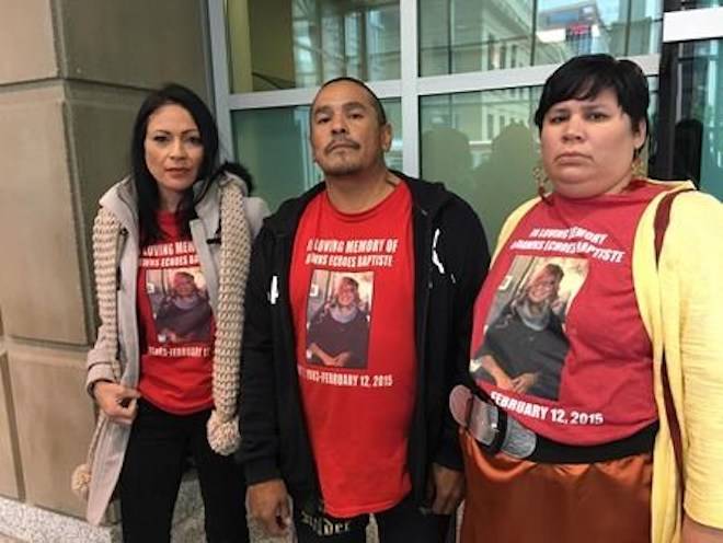 Family members of Dawns Baptiste. Louise Baptiste, left to right, Alex Baptiste and Michelle Baptiste are shown in this recent photo. THE CANADIAN PRESS/Lauren Krugel