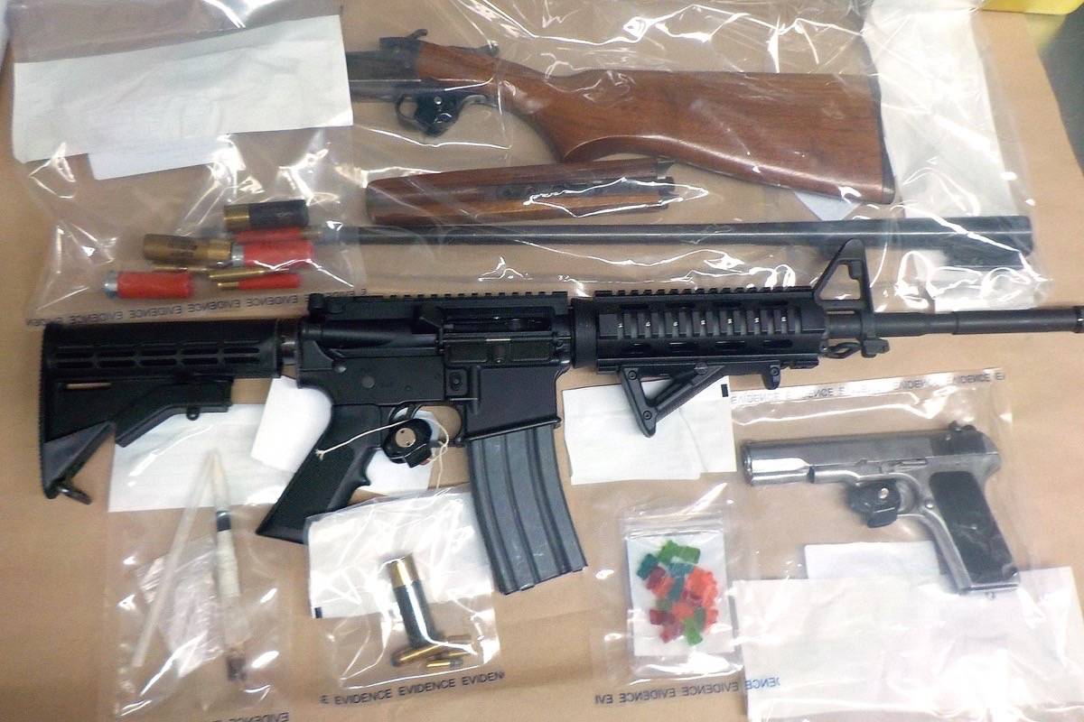 Victor Charles Foley of Big Valley was denied bail Sept. 28 in Drumheller provincial court. He was arrested by Drumheller RCMP in a traffic stop Sept. 25. During the traffic stop, police seized this assault rifle, a semi-automatic pistol, a shotgun and drugs. (RCMP photo)