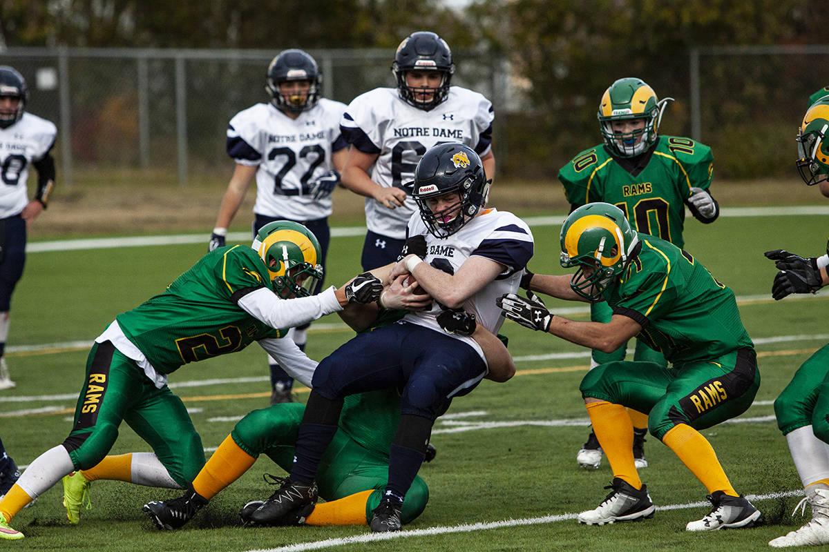 The Lacombe Rams defence managed to wrap up the Notre Dame Cougar offence on the way to their first win of the season 15-8. Todd Colin Vaughan/Lacombe Express