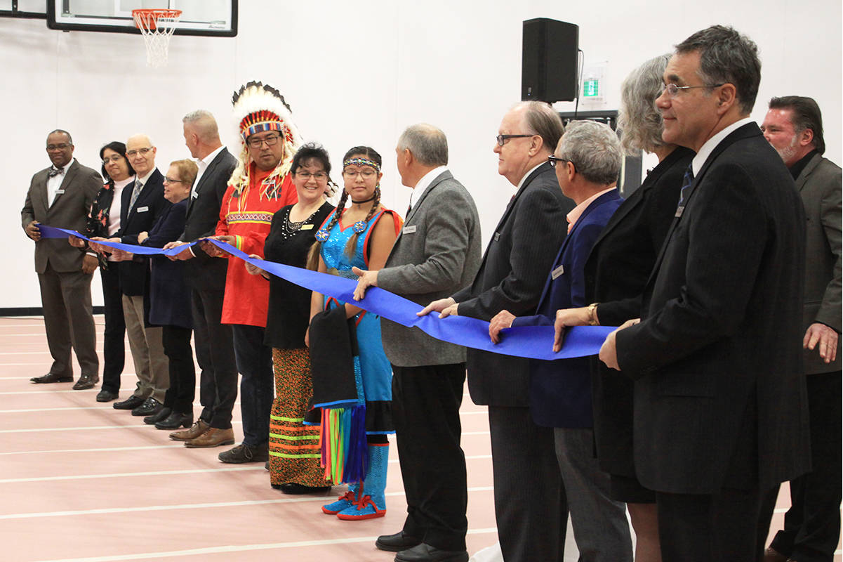 Dignitaries, including Samson Cree Nation Chief Vernon Saddleback, Wetaskiwin-Camrose MLA Bruce Hinkley and Deputy Minister of Alberta Education Curtis Clarke were in attendance on Friday for the expansion ceremony of the Mamawi Atosketan Native School (MANS). The private school has grown from a K to Grade 9 school to a full K to Grade 12 school. Photo by Jordie Dwyer