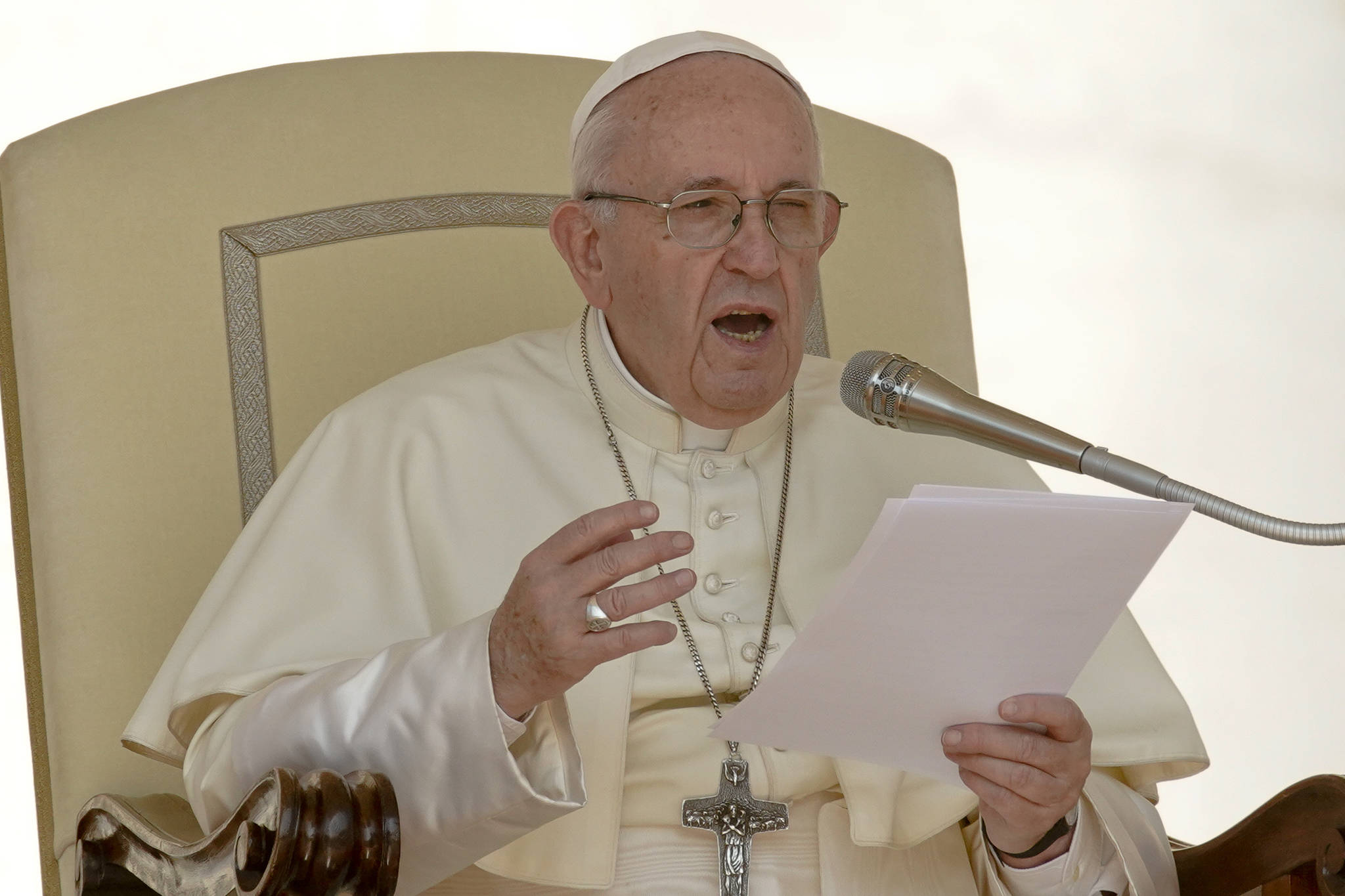 Pope Francis gives his speech during his weekly general audience, at the Vatican, Wednesday, Aug. 29, 2018. (AP Photo/Andrew Medichini)