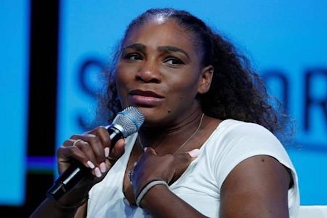 FILE - In this Sept. 14, 2018, file photo, tennis star Serena Williams speaks in Las Vegas. Serena Williams goes topless and sings (AP Photo/John Locher, File)