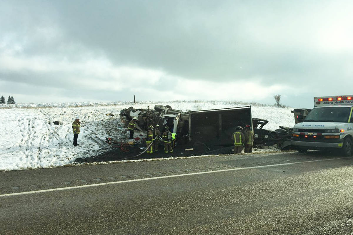 A serious collision involving a semi and a pickup slowed the northbound lanes of Highway 2 about five kilometres north of the Highway 12 exit on Oct. 2.                                Photo by Dan Mandryk/Twitter