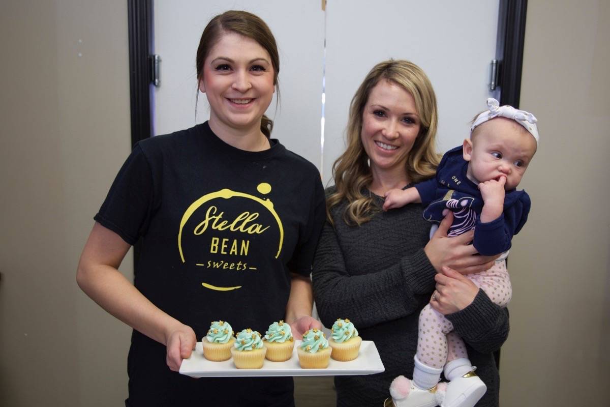 Madi Millar, left, and Estie Van Der Velden, owner of Stella Bean Sweets, pose for a photo with their Vanilla Bean Make-A-Wish cupcakes Wednesday. The bakery is taking part in Wishful Baking Week and raising funds for Make-A-Wish Northern Alberta. Robin Grant/Red Deer Express