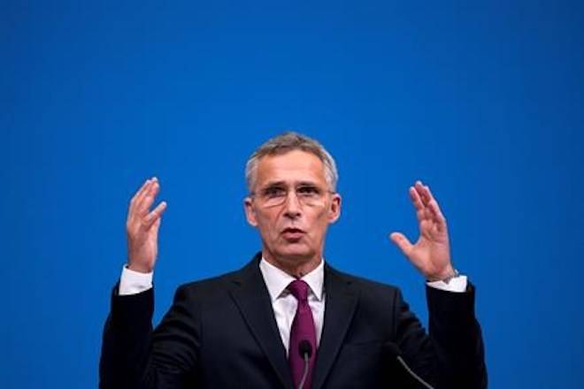 NATO’s Secretary General Jens Stoltenberg talks to journalists during a news conference following a meeting of NATO defence ministers at NATO headquarters in Brussels, Wednesday, Oct. 3, 2018. (AP Photo/Francisco Seco, Pool)