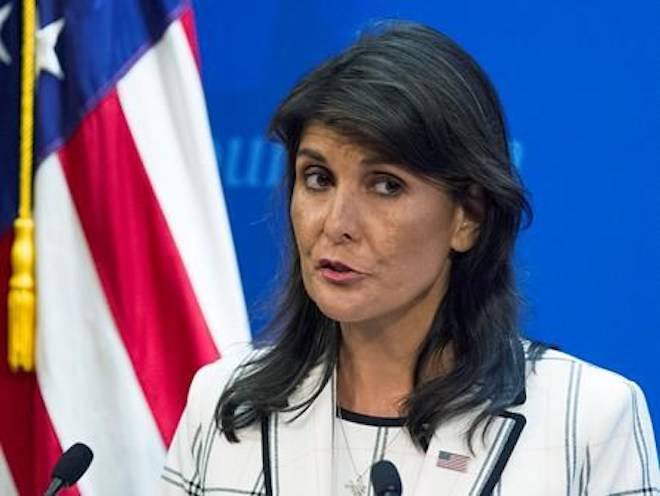 FILE - In this July 18, 2018 file photo, U.S. Ambassador to the United Nations Nikki Haley speaks at The Heritage Foundation in Washington. (AP Photo/Cliff Owen)