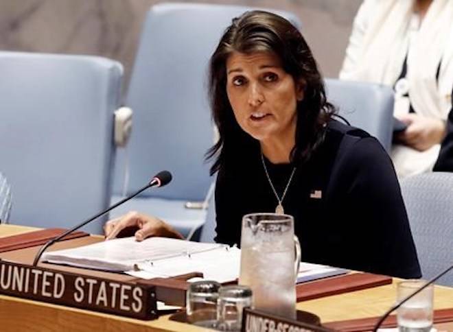 FILE - In this Sept. 17, 2018 file photo, U.S. Ambassador Nikki Haley addresses the United Nations Security Council at U.N. headquarters. (AP Photo/Richard Drew)