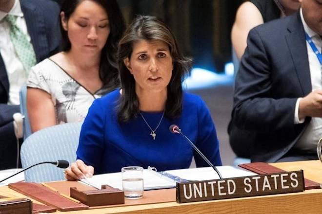 FILE - In this Aug. 28, 2018 file photo, American Ambassador to the United Nations Nikki Haley speaks during a Security Council meeting on the situation in the Myanmar at United Nations headquarters. (AP Photo/Mary Altaffer, File)