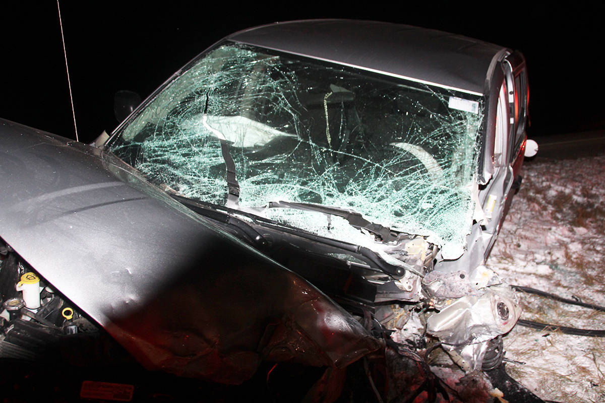 Miraculously everyone involved in a head-on collision between a Dodge Caravan and a Lexus SUV Tuesday night are alive. The incident occurred after a northbound vehicle was driving in the southbound lanes on Highway 2. Photo submitted