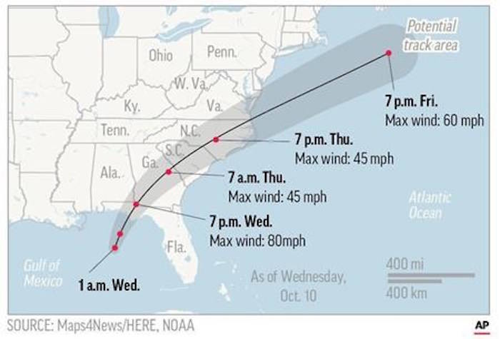 Map shows probable path of probable hurricane Michael. (Canadian Press)