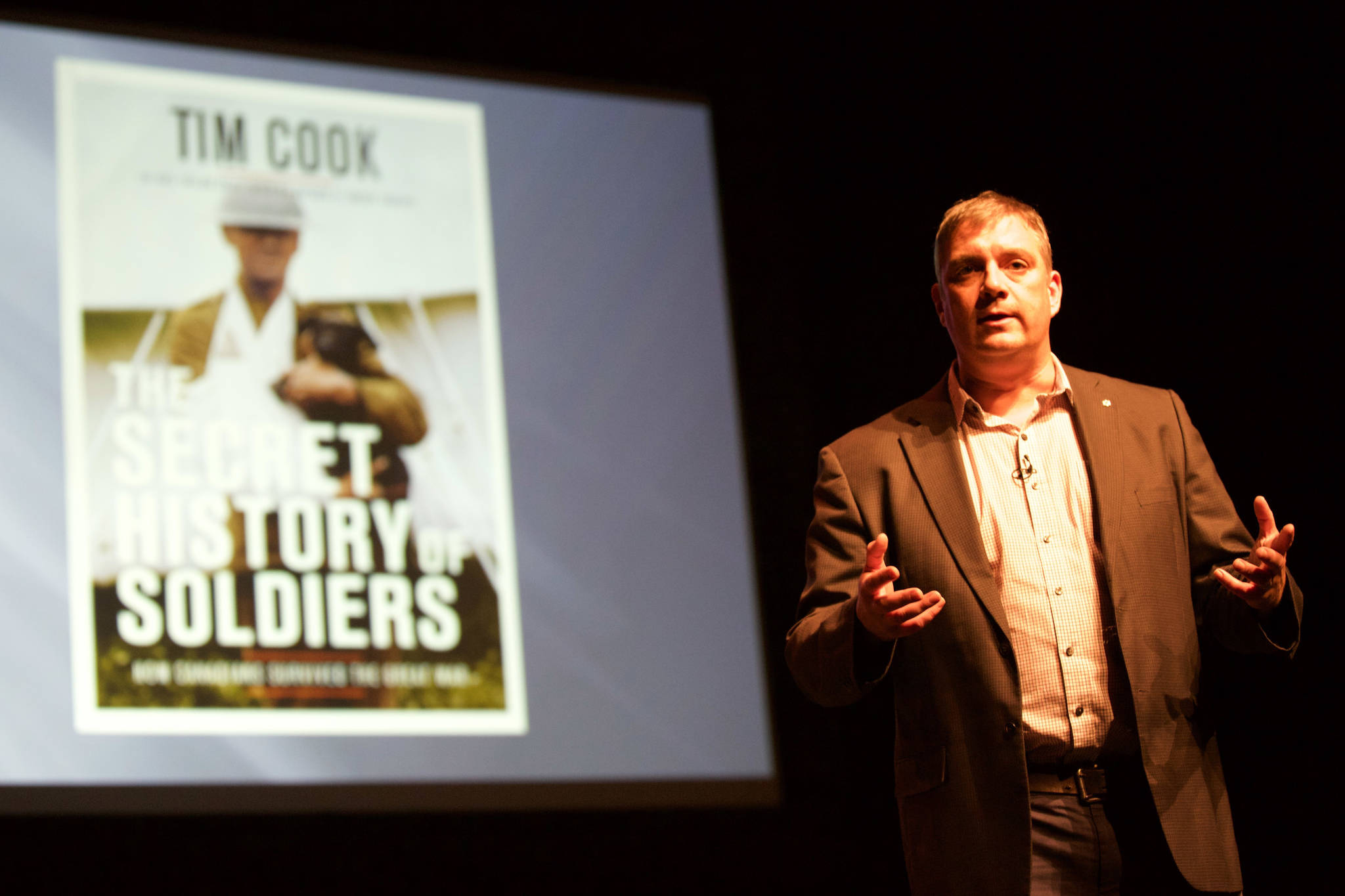 Award-winning historian and author Tim Cook gave a talk about his latest book, The Secret History of Soldiers, at Red Deer College’s long-running speakers’ series, Perspectives: Canada in the World, on Thursday. Robin Grant/Red Deer Express