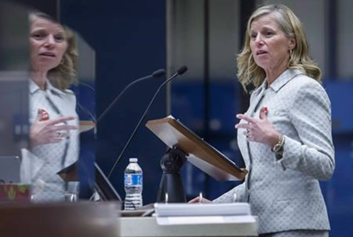 Calgary 2026 Bid Corporation CEO Mary Moran delivers technical elements of its plan for the 2026 Olympic and Paralympic Winter Games to Calgary City Council, in Calgary, Alta., on September 11, 2018. THE CANADIAN PRESS/Jeff McIntosh