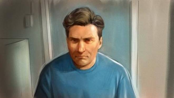 Paul Bernardo is shown in this courtroom sketch during Ontario court proceedings via video link in Napanee, Ont., on October 5, 2018. THE CANADIAN PRESS/Greg Banning