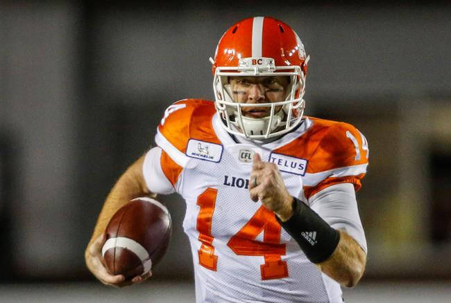 BC Lions quarterback Travis Lulay runs the ball during CFL football action against the Calgary Stampeders, in Calgary, Saturday, Oct. 13, 2018. THE CANADIAN PRESS/Jeff McIntosh