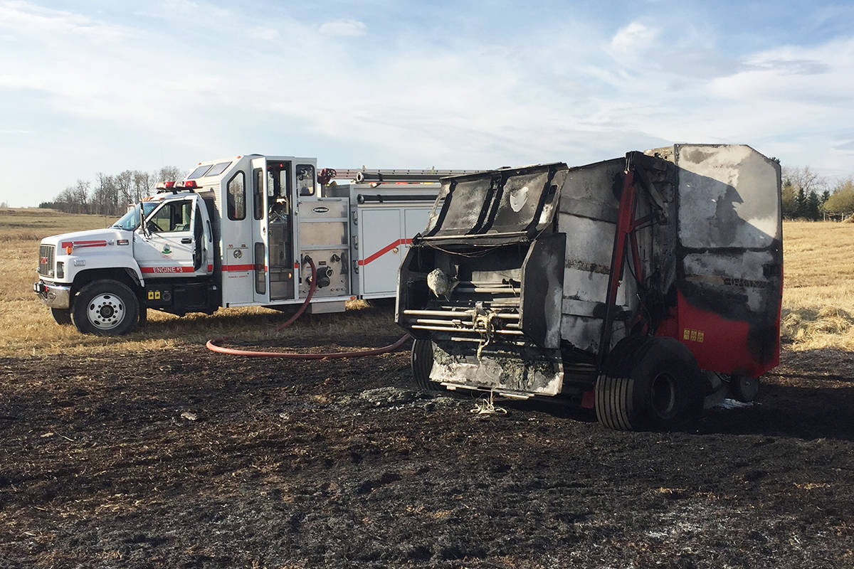 The Ponoka County West District Fire Department was called to a baler fire just west of Gull Lake on Thursday morning. It was the second baler fire in 12 hours. With the warm weather farmers have been harvesting in full force. Photo submitted