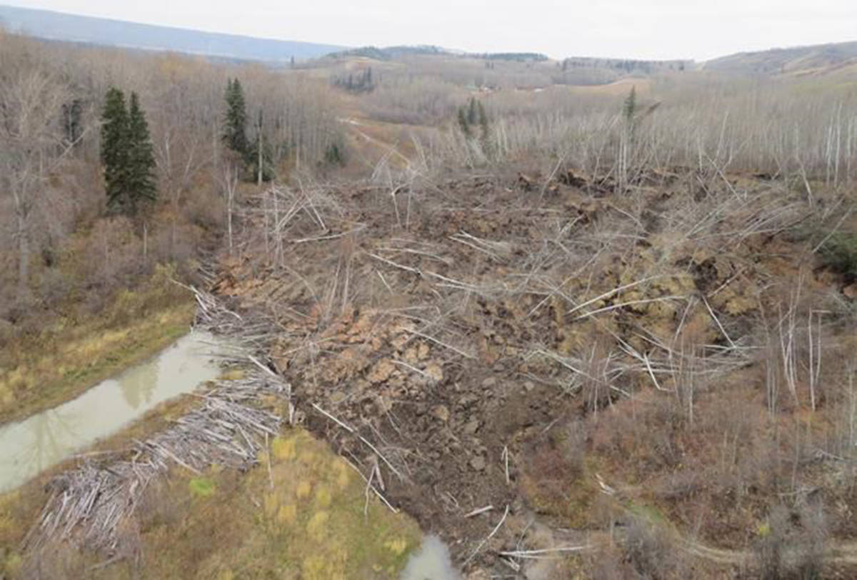 A slow moving landslide is seen inching down a hillside in northern British Columbia, prompting the evacuation of nearby Old Fort, B.C., in an undated handout photo. (B.C. Ministry of Forests and Lands, Marten Geertsema)