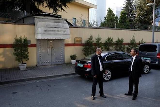 Security personnel guard Saudi Arabia’s consulate in Istanbul, Monday, Oct. 22, 2018. (AP Photo/Lefteris Pitarakis)