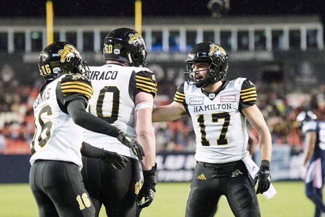 Hamilton Tiger-Cats wide receiver Luke Tasker (17) celebrates after a touchdown in second half CFL football action against the Toronto Argonauts in Toronto on October 12, 2018. (THE CANADIAN PRESS/Christopher Katsarov)