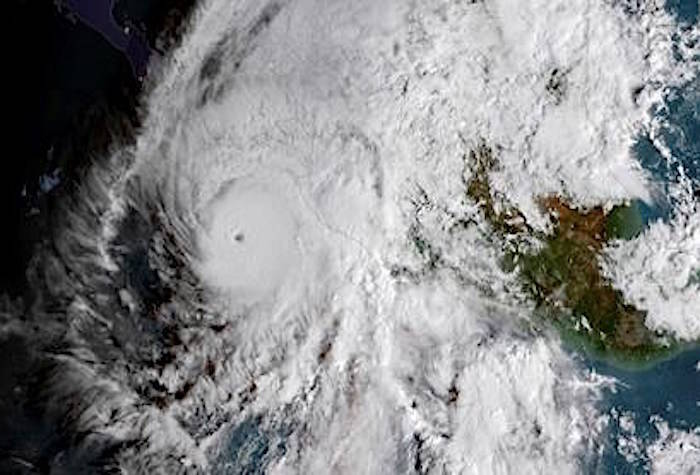 This GOES East satellite image provided by NOAA shows Hurricane Willa in the eastern Pacific, on a path toward Mexico’s Pacific coast on Monday, Oct. 22, 2018. (NOAA via AP)