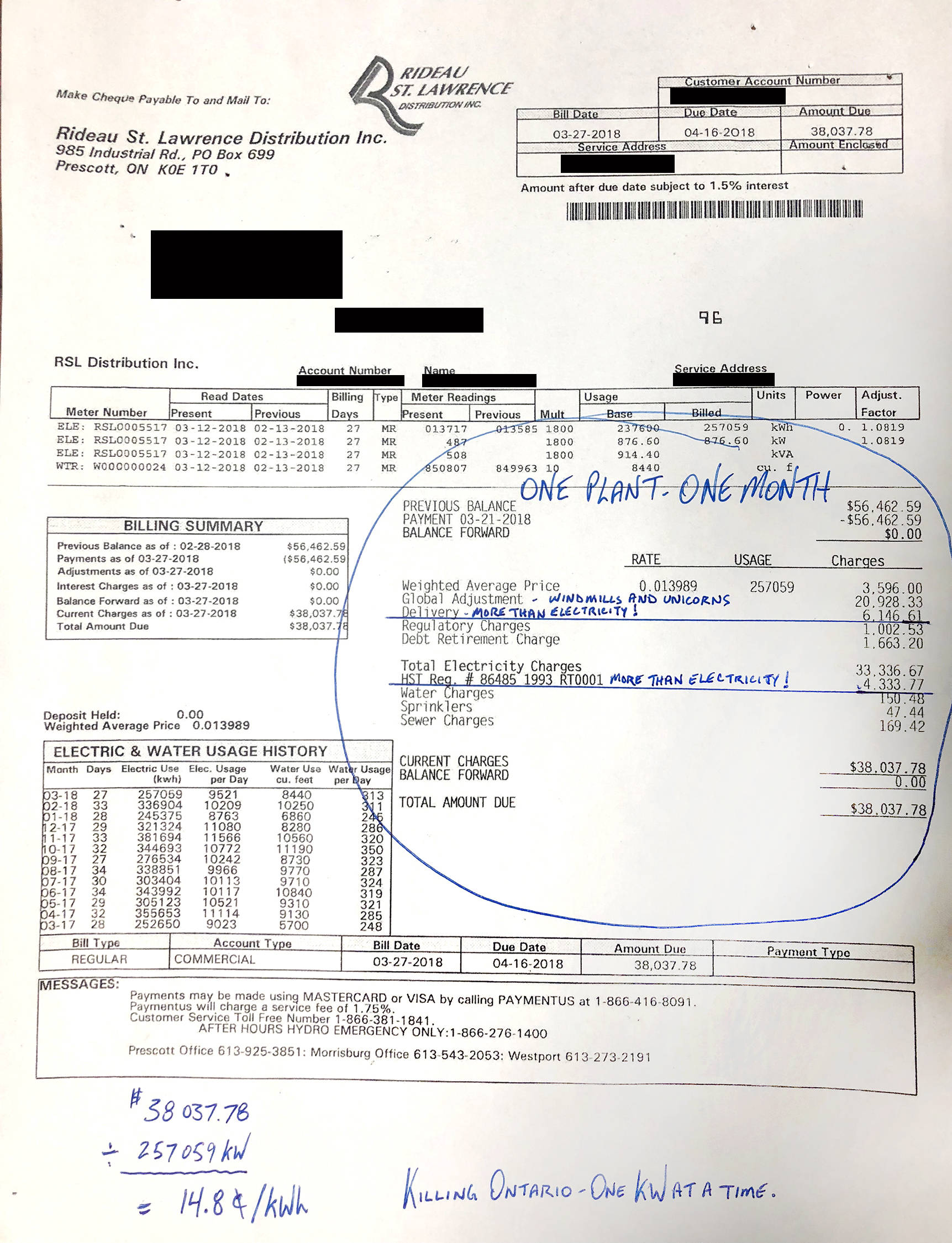 This Ontario power bill (with the company name redacted) shows how much companies are paying for a line item called “Global Adjustments”. Thos adjustments cost more than the power itself and Red Deer-Lacombe MP Blaine Calkins is worried that this type of program is coming to Albertans from the current provincial and federal governments.                                Bill submitted