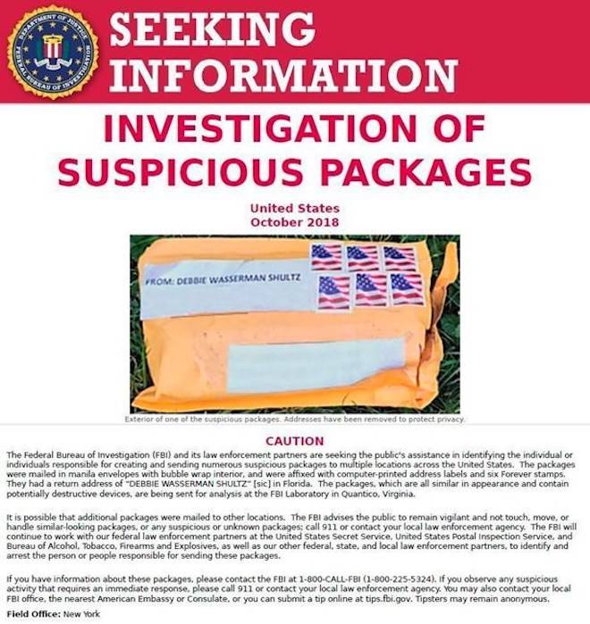 The FBI released this poster on Thursday, Oct. 25, 2018, asking for the public’s assistance in finding the people responsible for sending suspicious packages to multiple locations across the United States. (FBI via AP)