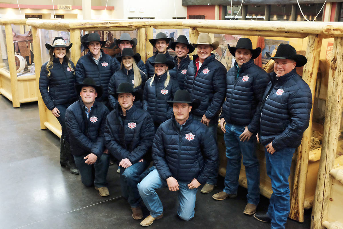 Ponoka and area athletes pose Oct. 24 at the Canadian Pro Rodeo Hall of Fame during a Ponoka Stampede send off before the Canadian Finals Rodeo in Red Deer. In the picture are (back row l-r) Miss Ponoka Stampede Alicia Erickson; Zane Lambert, bull rider; Jacob Stemo, bareback; Wacey Finkbeiner, bull rider; Brett Buss, team roping header; Levi Simpson, team roping header; Tyrel Flewelling, team roping heeler and Bruce Harbin, Ponoka Stampede vice-president. Front row (l-r) are Craig Weisgerber, steer wrestling; Justine Elliot, barrel racing; Jordan Hansen, bull riding; Shayna Weir, barrel racing and Jake Vold, bareback.                                Photo by Jeffrey Heyden-Kaye