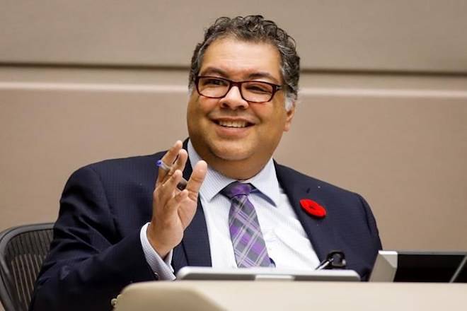 Mayor Naheed Nenshi instructs Calgary City council on motions to kill the 2026 Winter Olympic bid and cancel a Nov. 13 plebiscite on whether it should proceed, in Calgary, Alta., Wednesday, Oct. 31, 2018.THE CANADIAN PRESS/Jeff McIntosh