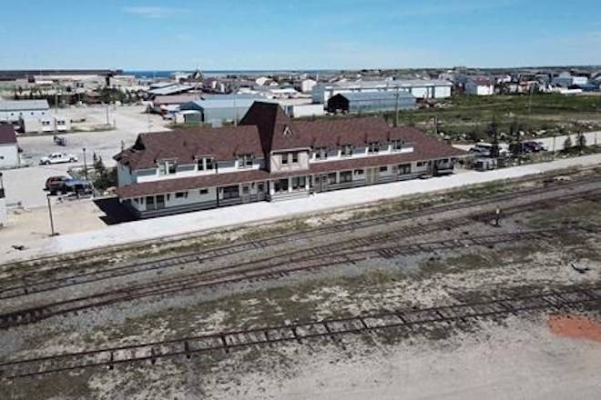 An aerial view of the rail line and Via station is shown in Churchill, Man., on July 4, 2018. THE CANADIAN PRESS/John Woods