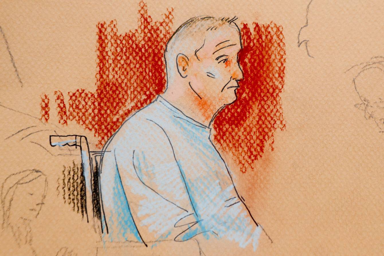 This courtroom sketch depicts Robert Gregory Bowers, who was wounded in a gun battle with police as he appeared in a wheelchair at federal court on Monday, Oct. 29, 2018, in Pittsburgh. (Dave Klug via AP)