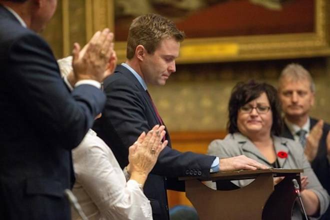 New Brunswick Premier Brian Gallant delivers his speech at the closure of the Throne Speech at the New Brunswick Legislature in Fredericton on Friday, Nov. 2, 2018. THE CANADIAN PRESS/James West