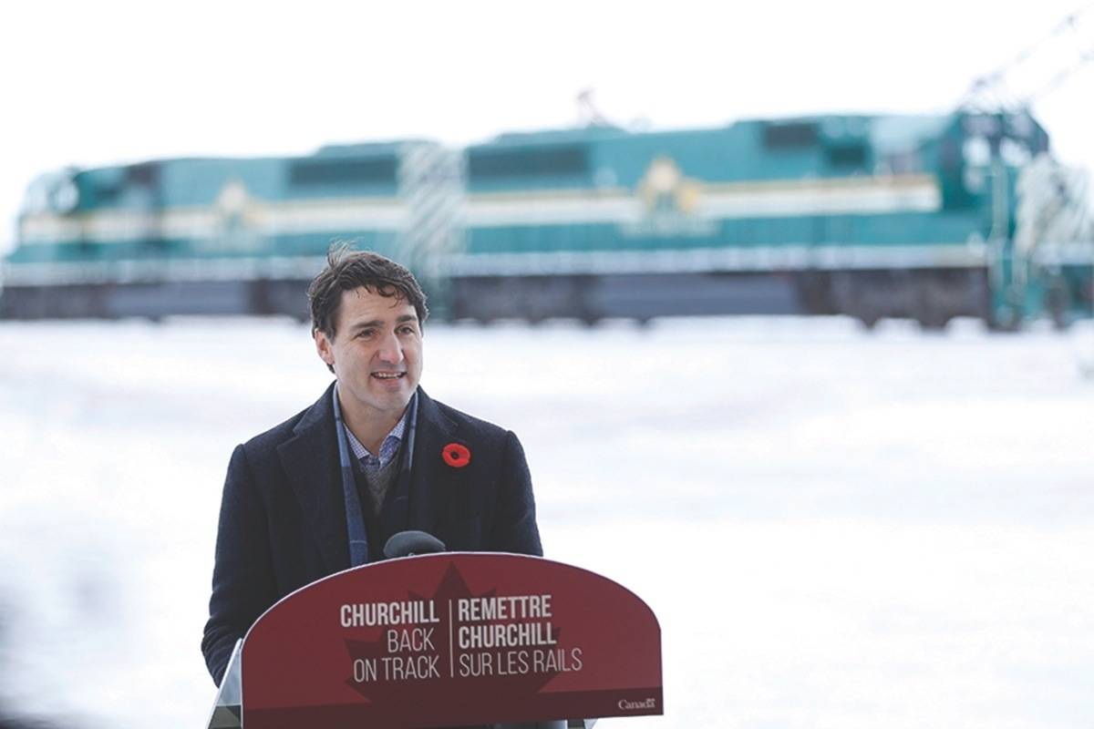 Prime Minister Justin Trudeau announces the opening of the repaired railway in Churchill, Manitoba Thursday, November 1, 2018. THE CANADIAN PRESS/John Woods
