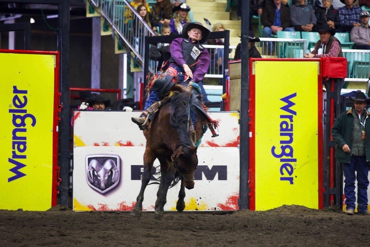 Sawyer Eirikson from Okotoks, Alta. rides to victory on Hangin Out in the saddle bronc competition at the CFR 45 Rising Stars Junior Canadian Finals Rodeo on Saturday afternoon. Robin Grant/ Red Deer Express