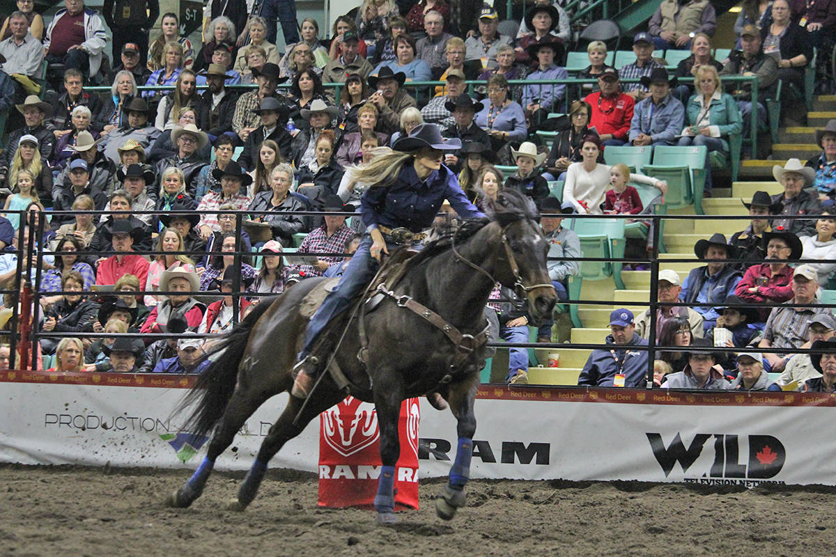 Callahan Crossley of Hermiston, Oregon, took home a first place win in ladies barrel racing at the Canadian Finals Rodeo. Carlie Connolly/Black Press News Services