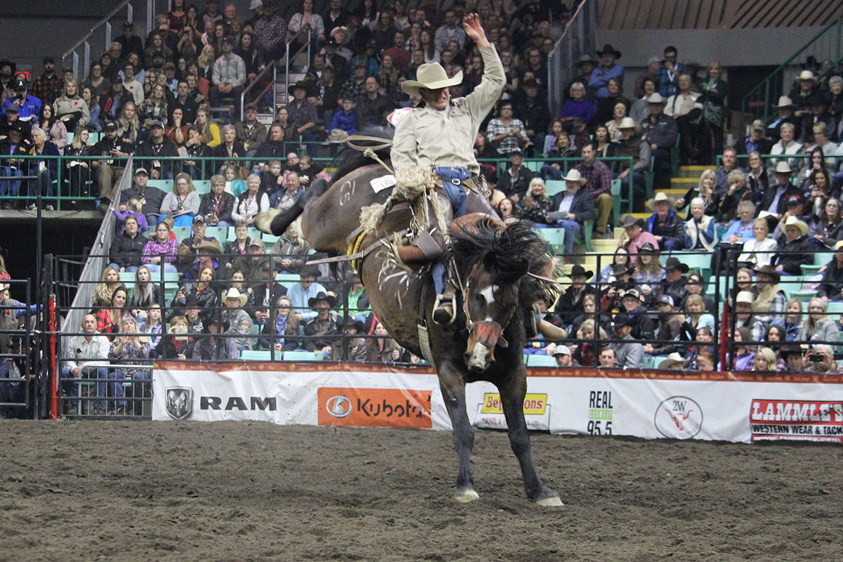 Clay Elliott of Nanton, had a strong ride, taking home the top spot in the saddle bronc riding at the CFR. Carlie Connolly/Black Press News Services