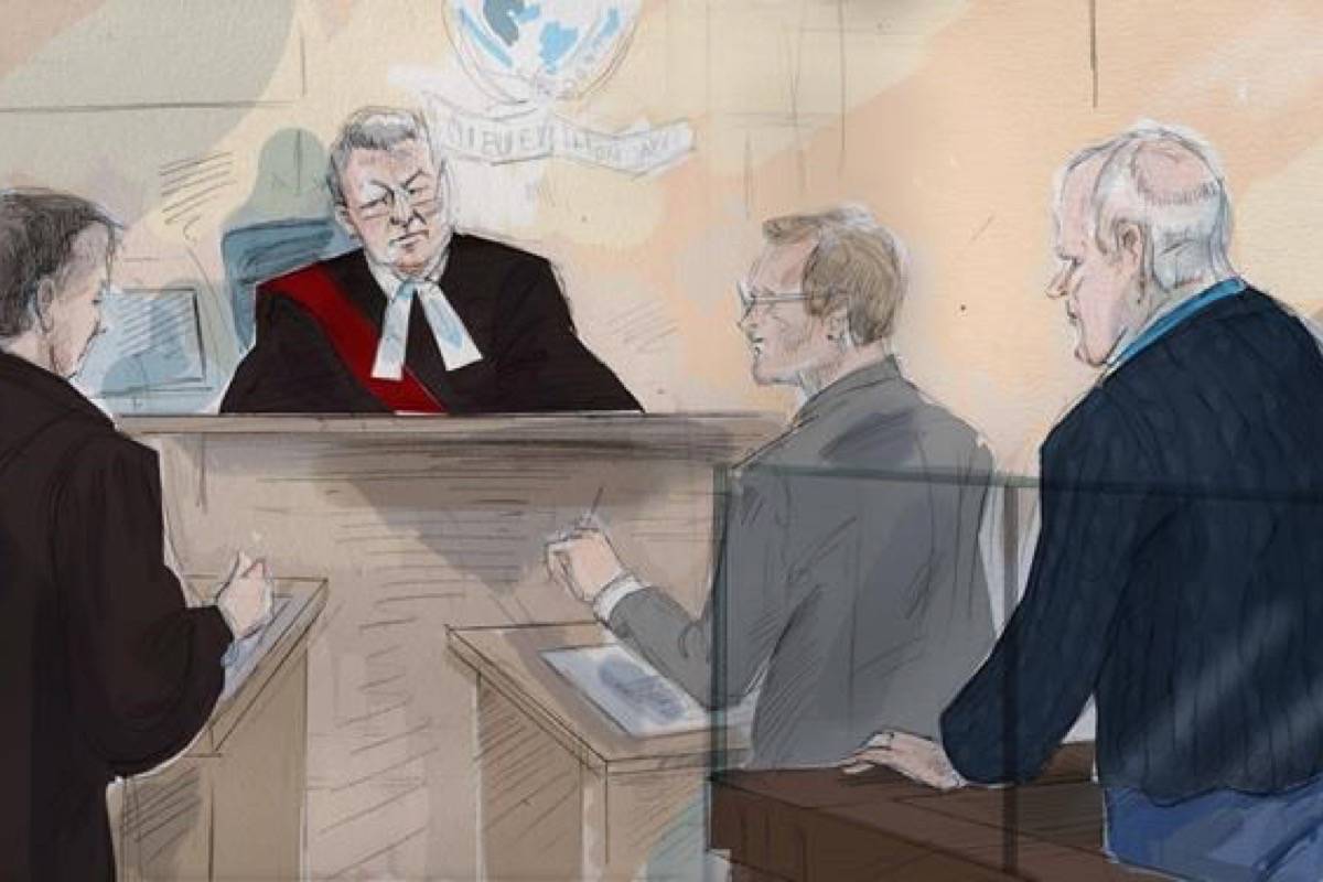Paul Aubin, a member of Bruce McArthur’s defence team (left) Justice John McMahon, Crown Attorney Michael Cantlon and McArthur (right) appear in Ontario’s Superior Court of Justice, Monday, Nov.5, 2018. A man accused of killing eight men with ties to Toronto’s gay village could stand trial as early as next September, a judge said Monday as the alleged serial killer made his first appearance in Ontario’s Superior Court of Justice. (Alexandra Newbould/The Canadian Press)