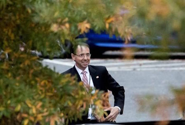 Deputy Attorney General Rod Rosenstein waits for his car as he departs the West Wing of the White House in Washington, Wednesday, Nov. 7, 2018. Attorney General Jeff Sessions was pushed out Wednesday as the country’s chief law enforcement officer after enduring more than a year of blistering and personal attacks from President Donald Trump over his recusal from the Russia investigation. (AP Photo/Andrew Harnik)